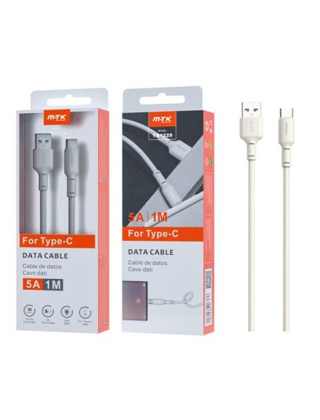 Cable datos USB 2.0 a Type-C / 1m / 5a / Carga rapida / Indicador de carga / TB1228 / Blanco  / Mtk