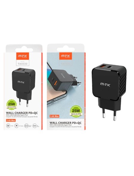 Cargador de red Usb + Type-C  / 25W / Negro / TA0332 / MTK