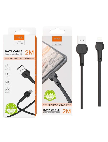 Cable datos USB 2.0 a Lightning IPhone 12-14 / 2m / 2.4a / TB1246 / Negro / MTK 0152462